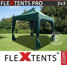 Carpa plegable FleXtents Pro 3x3m Verde, incl. 4 cortinas decorativas